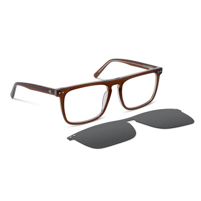 armazones marcos opticos de color café con clip de sol polarizado mica magnetica opticos con receta para hombre y mujer ecologico sustentable plastico reciclado