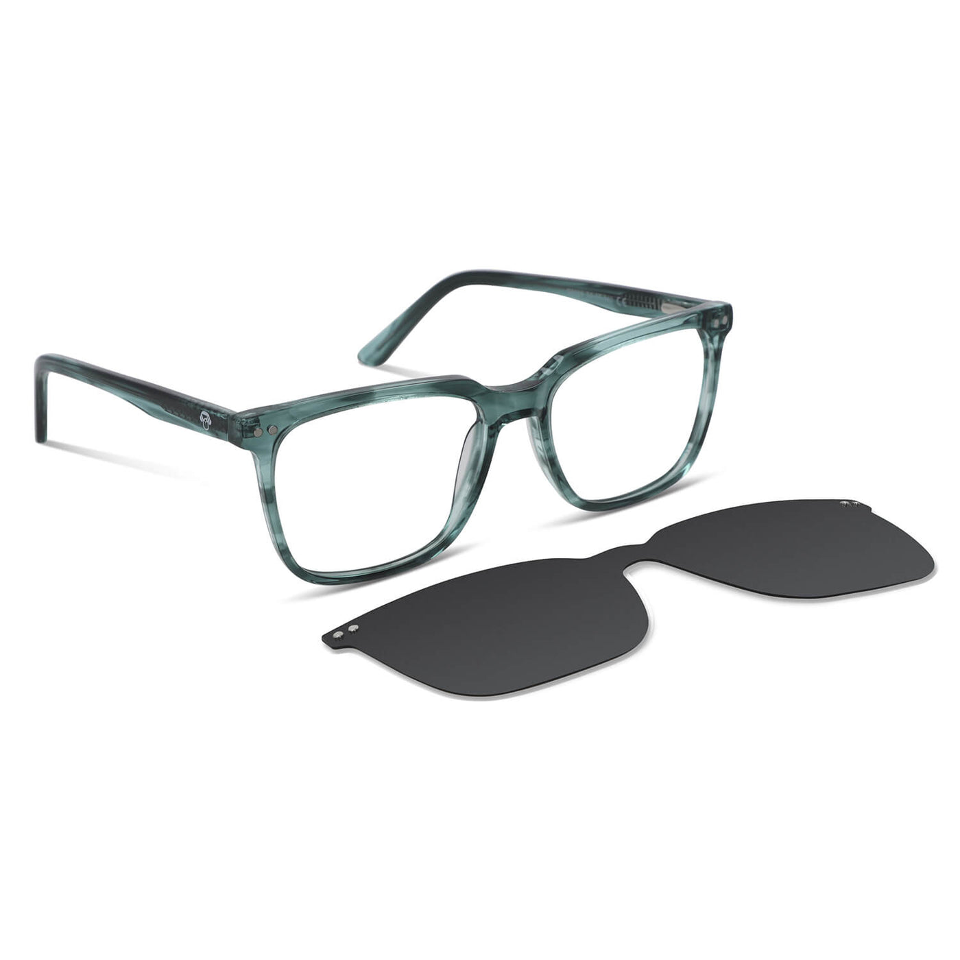 armazones marcos opticos de color verde con clip de sol polarizado mica magnetica opticos con receta para hombre y mujer ecologico sustentable plastico reciclado