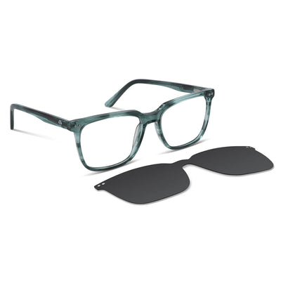 armazones marcos opticos de color verde con clip de sol polarizado mica magnetica opticos con receta para hombre y mujer ecologico sustentable plastico reciclado