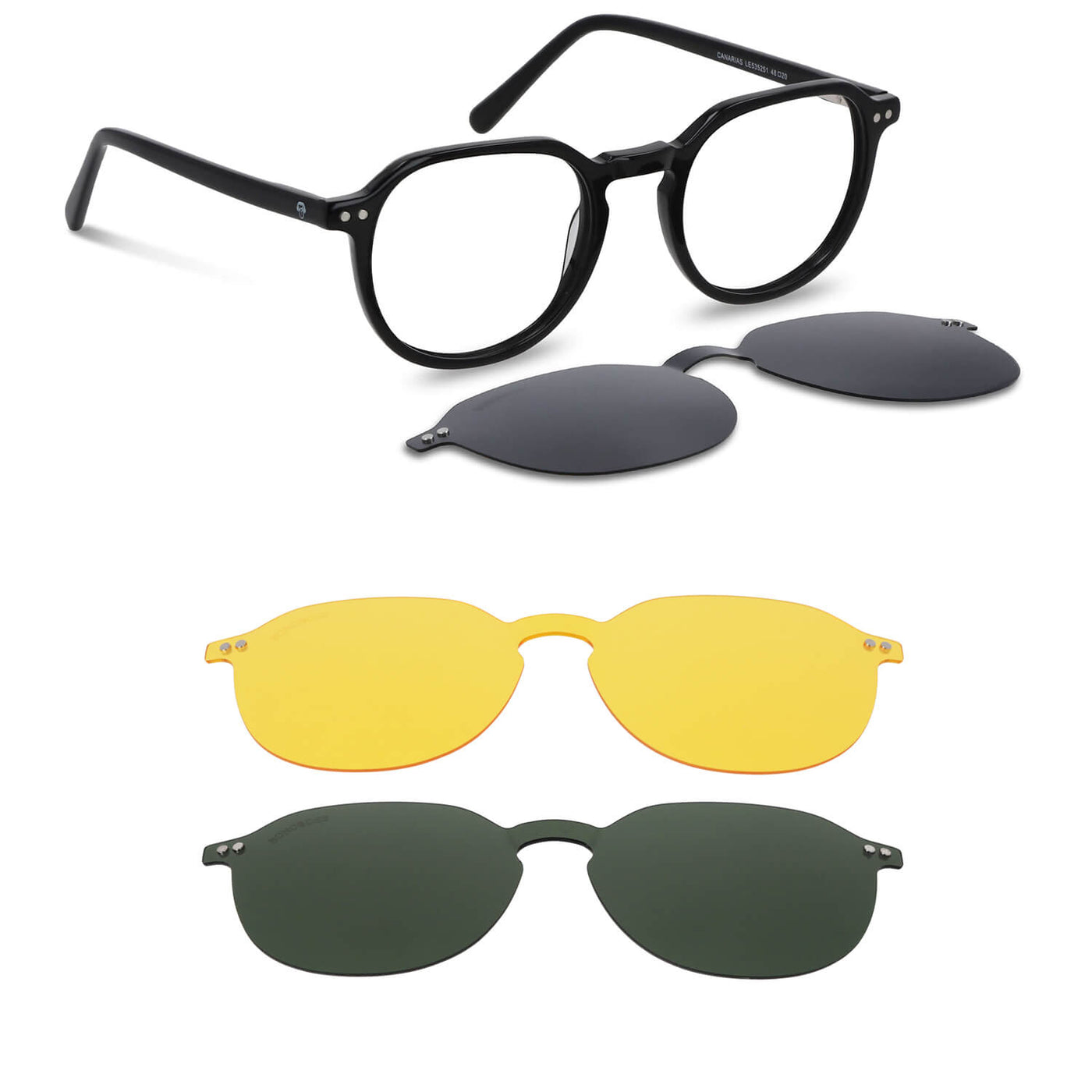 anteojos o marcos ópticos con iman o clip de sol polarizados de forma octagonal o redondos para hombres y mujeres de cara redonda grande. Vista angulada y armazones de color negro
