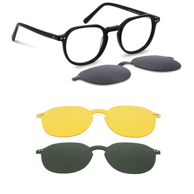 anteojos o marcos ópticos con iman o clip de sol polarizados de forma octagonal o redondos para hombres y mujeres de cara redonda grande. Vista angulada y armazones de color negro