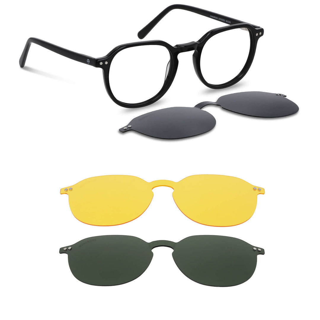 Hombre usando Canarias lentes ópticos y de sol magnéticos negro estilo lifestyle #color_negro
