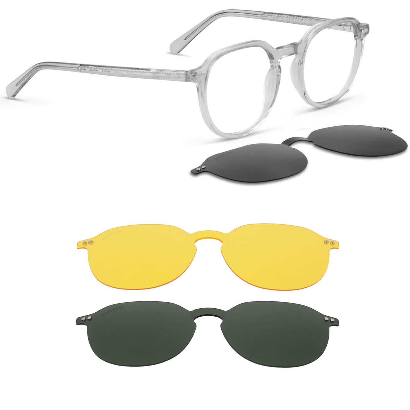 anteojos o marcos ópticos con iman o clip de sol polarizados de forma octagonal o redondos para hombres y mujeres de cara redonda grande. Vista angulada y armazones de color negro