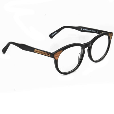 marcos ópticos armazones sustentables redondos de acetato con madera natural chiloe 0084 negro angular mayorista de optica regalos corporativos ecologicos hombre de cara ovalada