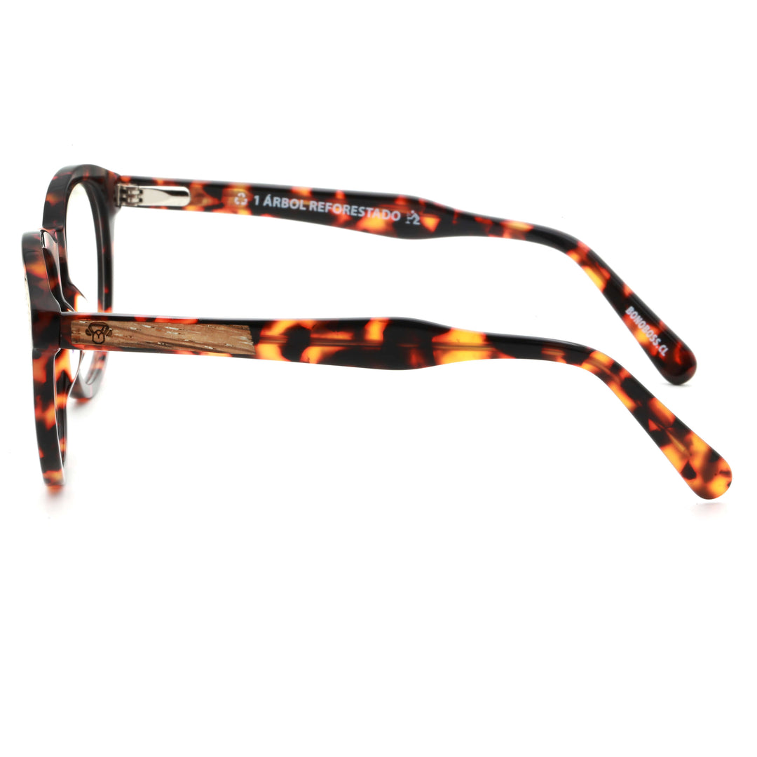 marcos ópticos armazones sustentables redondos de acetato con madera natural chiloe 0084 carey lateral mayorista de optica regalos corporativos ecologicos hombre de cara ovalada#color_carey