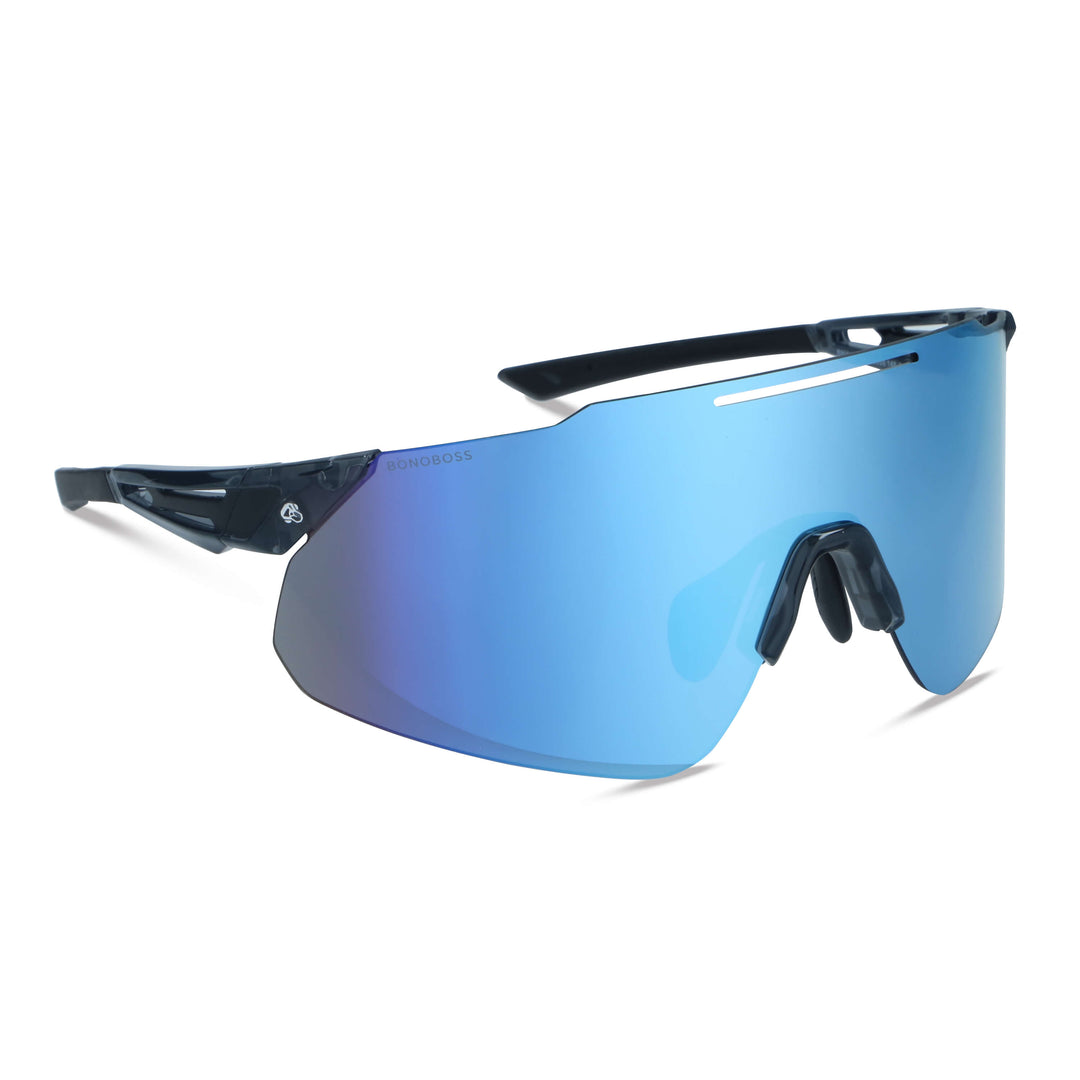 lentes anteojos de sol deportivos polarizados opticos para trial o bicicleta downhill o para nieve esquiar ryder de plastico reciclado sustentable ecologico con o sin receta regalo corporativo vista lateral lentes de padel #color_blue