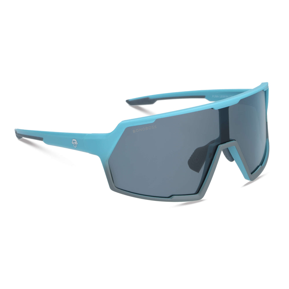 gafas lentes anteojos de sol espejados deportivos grandes para hacer deporte o andar en bicicleta de color verde con blanco con lentes espejadas de color azul  vista lateral #color_sky