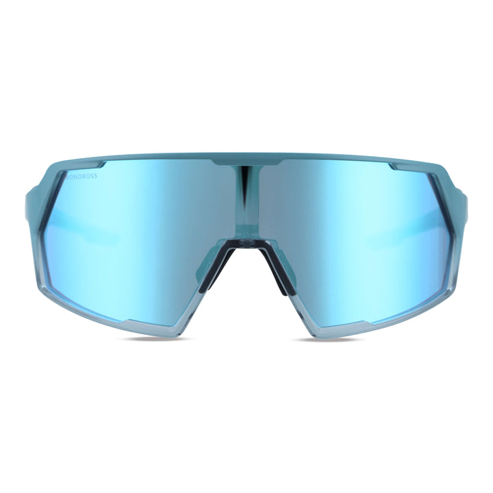 gafas lentes anteojos de sol espejados deportivos grandes para hacer deporte o andar en bicicleta de color verde con blanco con lentes espejadas de color azul  vista frontal #color_sky