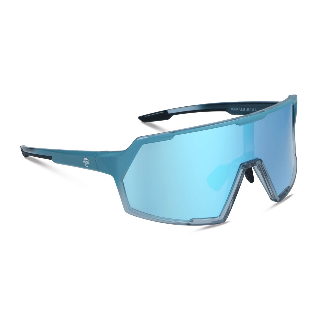 gafas lentes anteojos de sol espejados deportivos grandes para hacer deporte o andar en bicicleta de color verde con blanco con lentes espejadas de color azul  vista lateral #color_sky