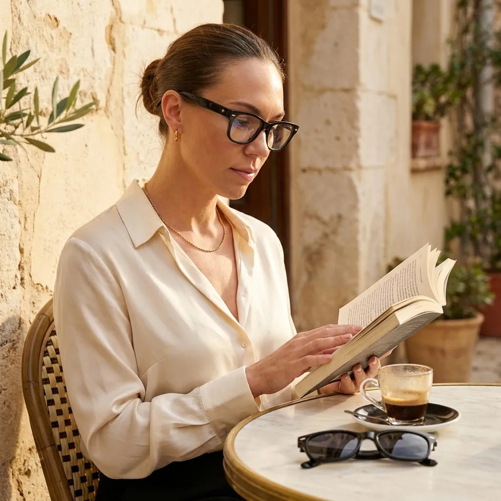 Bonoboss Acacia Clip Sol Negro - modelo mujer terraza lectura libro espresso cristales tratamientos #editorial_tratamientos #color_negro