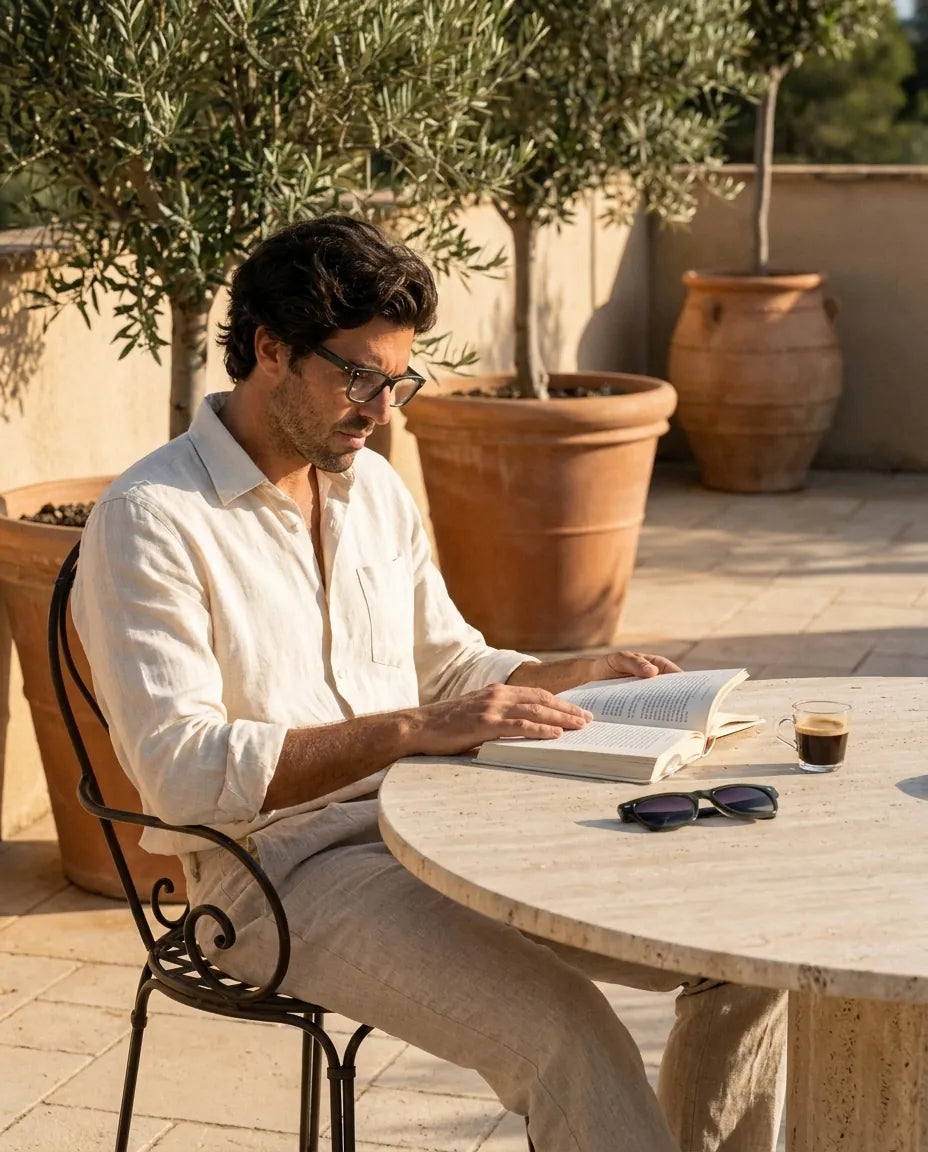 Bonoboss Acacia Clip Sol Verde - modelo terraza lectura libro espresso golden hour #editorial_lifestyle4 #color_verde