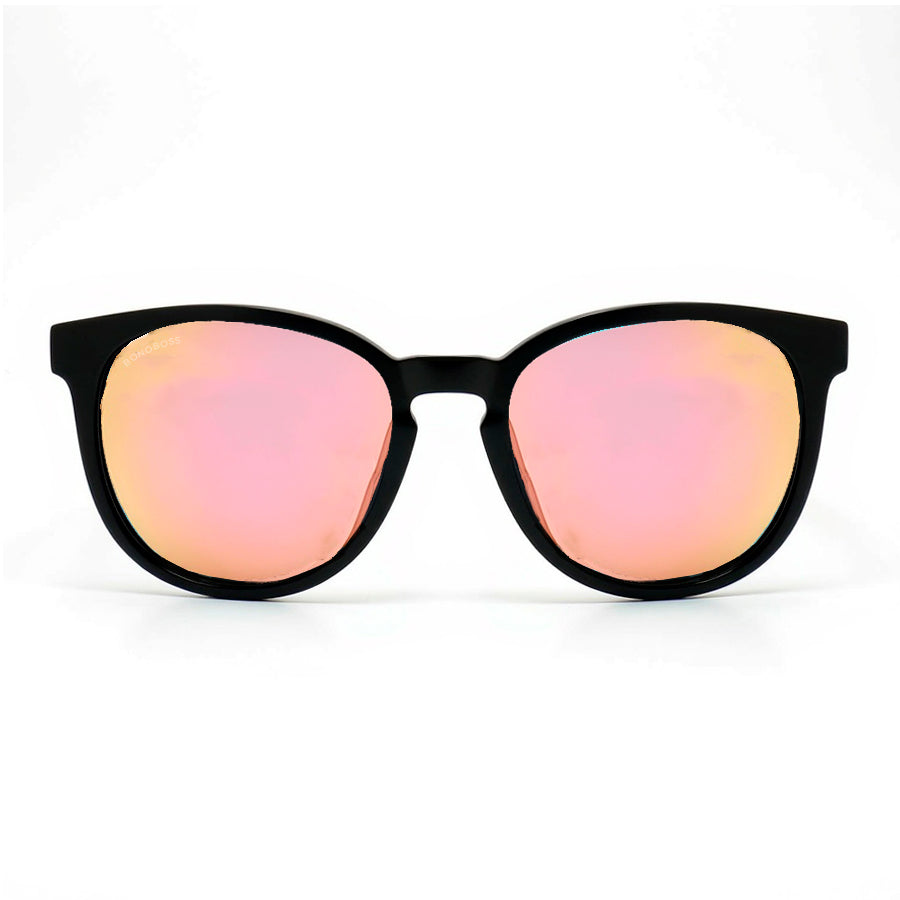anteojos redondos de plástico reciclado y varillas de madera natural sustentable con lentes de color negro. Polarizadas y forma redonda. 