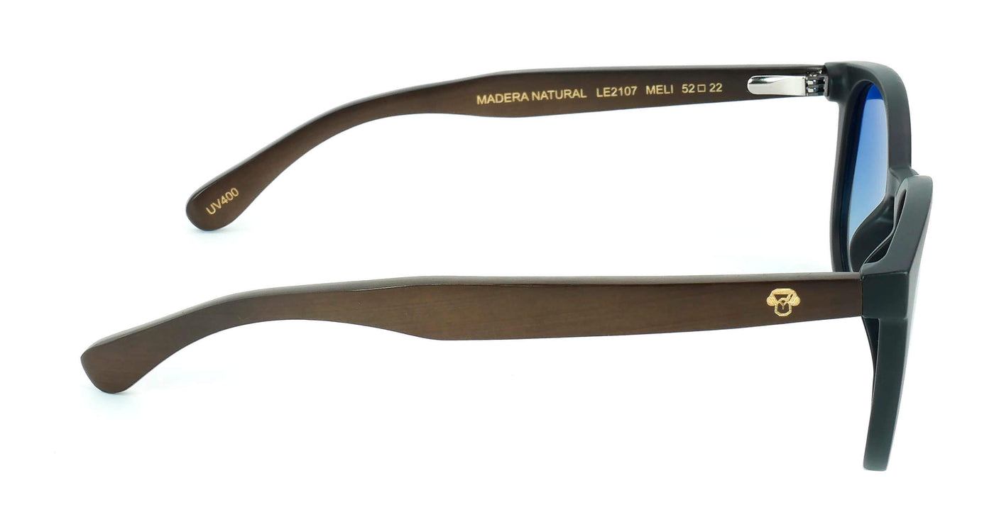 anteojos redondos de plástico reciclado y varillas de madera natural sustentable con lentes de color degradé azul. Polarizadas y forma redonda. 