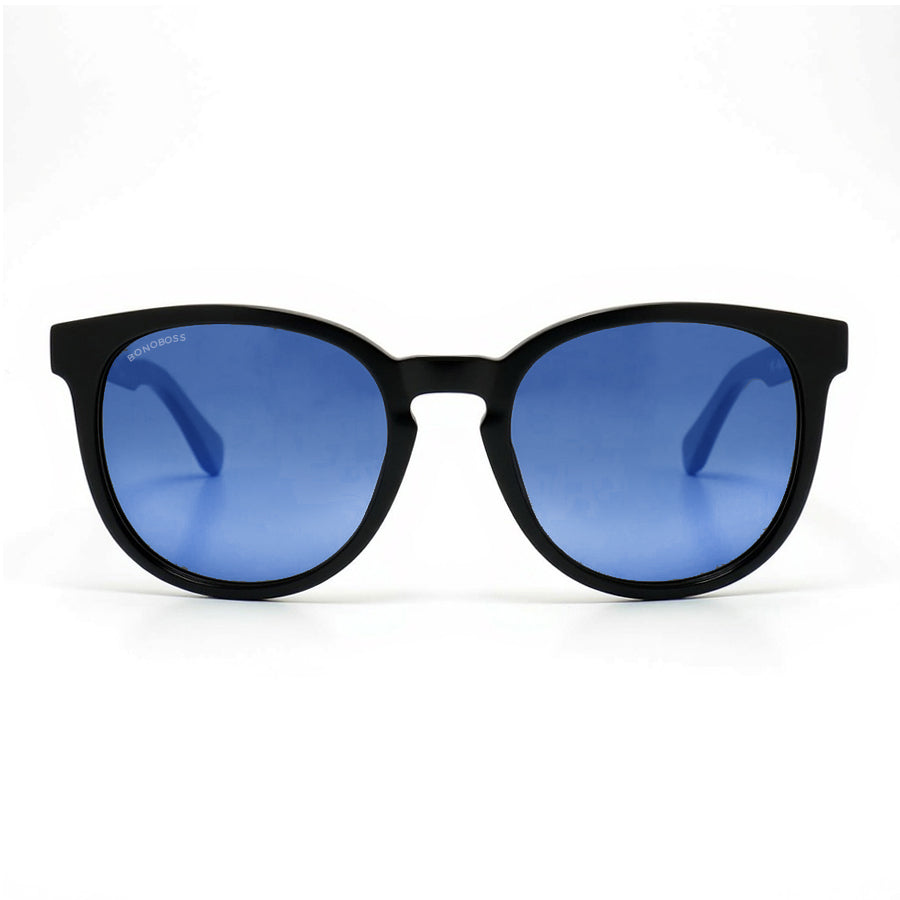 anteojos redondos de plástico reciclado y varillas de madera natural sustentable con lentes de color degradé azul. Polarizadas y forma redonda. 