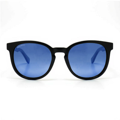 anteojos redondos de plástico reciclado y varillas de madera natural sustentable con lentes de color degradé azul. Polarizadas y forma redonda. 