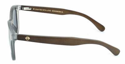anteojos redondos de plástico reciclado y varillas de madera natural sustentable con lentes de color negro. Polarizadas y forma redonda. La gafa es color transparente