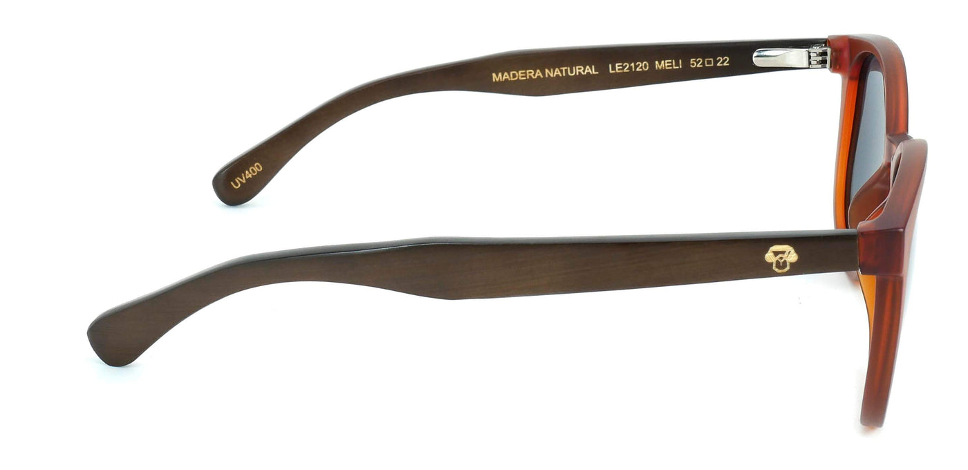 anteojos redondos de plástico reciclado y varillas de madera natural sustentable con lentes de color negro. Polarizadas y forma redonda. 