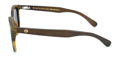 anteojos redondos de plástico reciclado y varillas de madera natural sustentable con lentes de color negro polarizadas y forma redonda. 