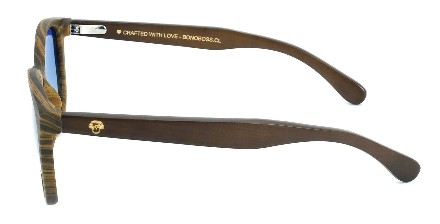 anteojos redondos de plástico reciclado y varillas de madera natural sustentable con lentes de color degradado azul polarizadas y forma redonda. 