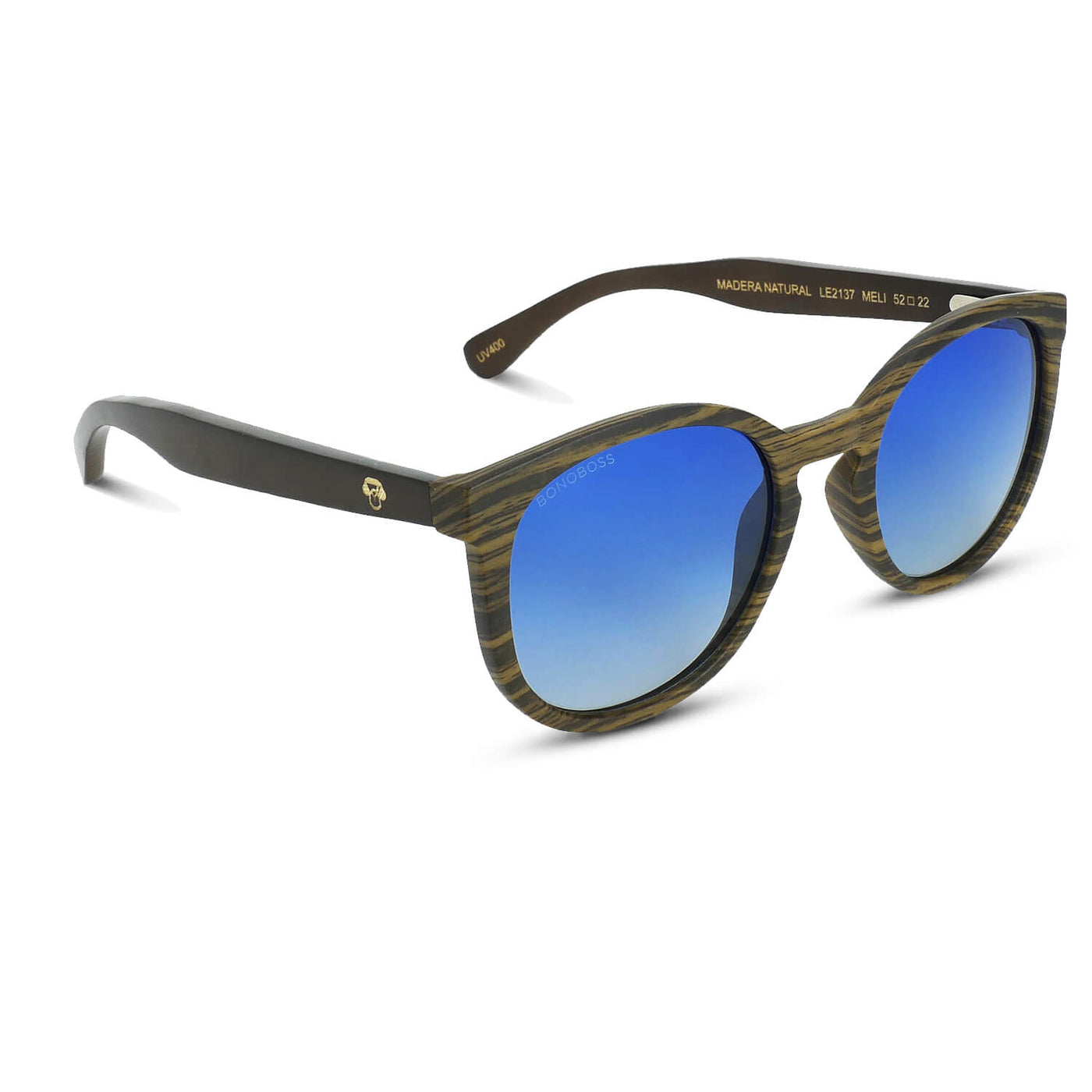anteojos redondos de plástico reciclado y varillas de madera natural sustentable con lentes de color degradado azul polarizadas y forma redonda. 