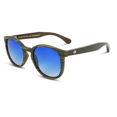 anteojos redondos de plástico reciclado y varillas de madera natural sustentable con lentes de color degradado azul polarizadas y forma redonda. 