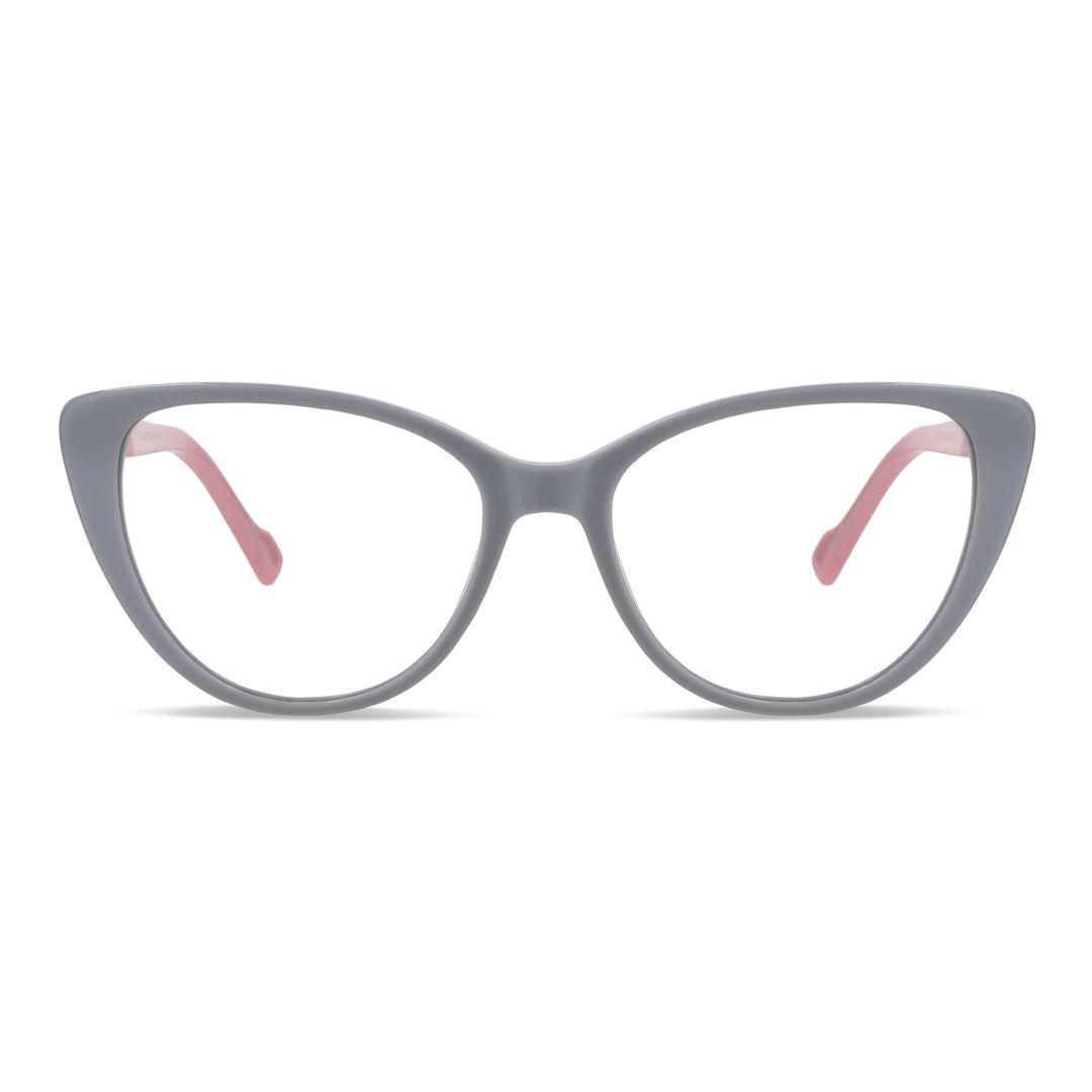 la vista frontal de unos marcos opticos agataos de color blanco grisaseo de moda para mujer de cara redonda grande. Vista frontal de armazones ópticos de color blanco y patas de color rojo #color_gris