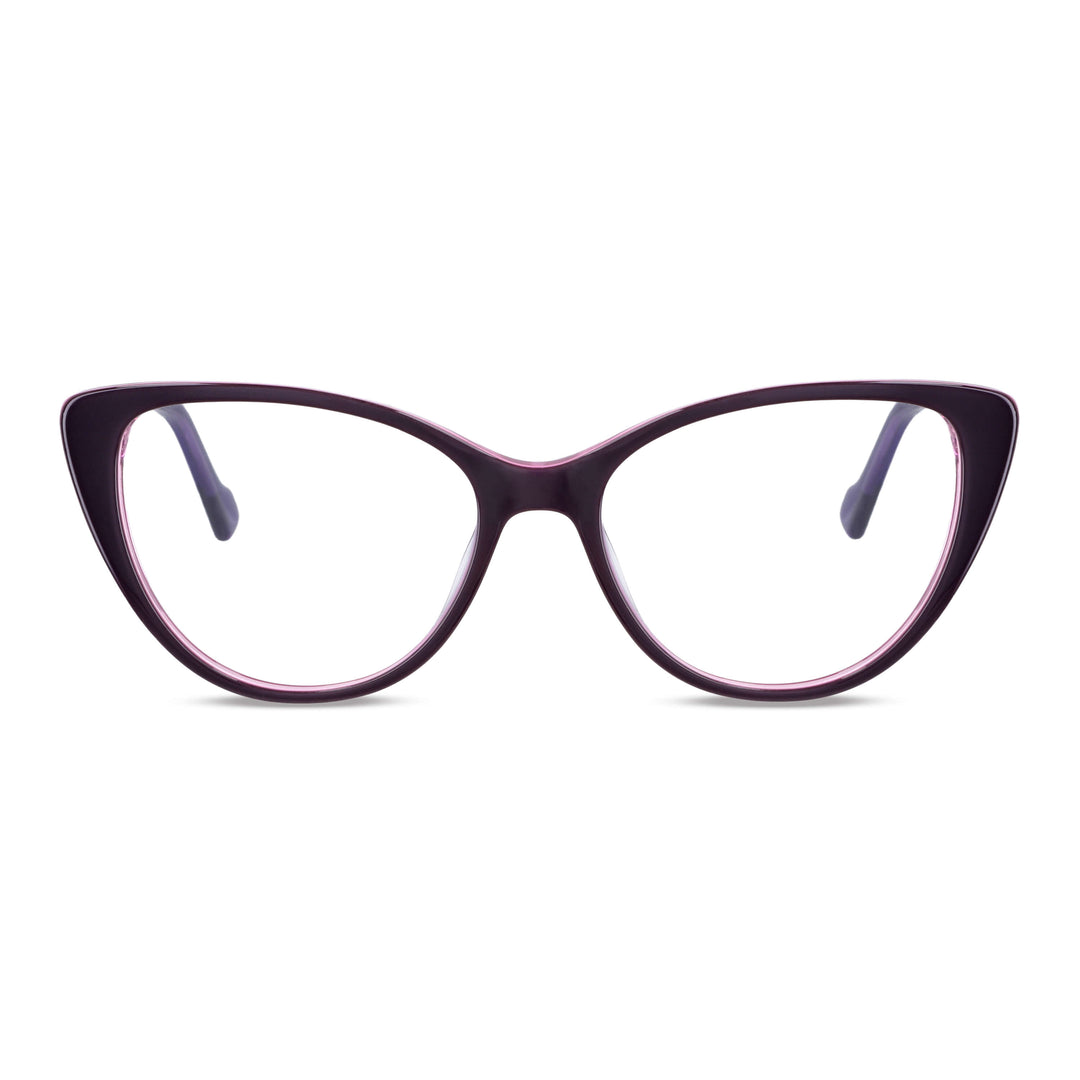 la vista frontal de unos marcos opticos agataos de color blanco grisaseo de moda para mujer de cara redonda grande. Vista frontal de armazones ópticos de color blanco y patas de color rojo #color_gris