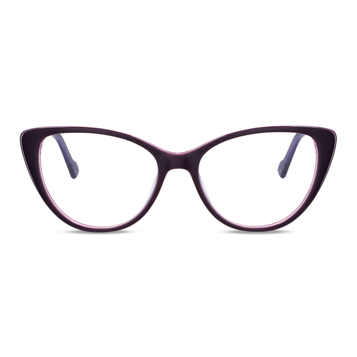 una vista frontal de unos anteojos bonoboss, un marco optico agatado de color morado para mujer de cara redonda grande fabricado con acetato biodegradable #color_morado