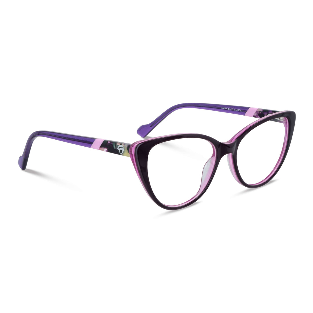 una vista angulada de unos anteojos bonoboss, un marco optico agatado de color morado para mujer de cara redonda grande fabricado con acetato biodegradable #color_morado