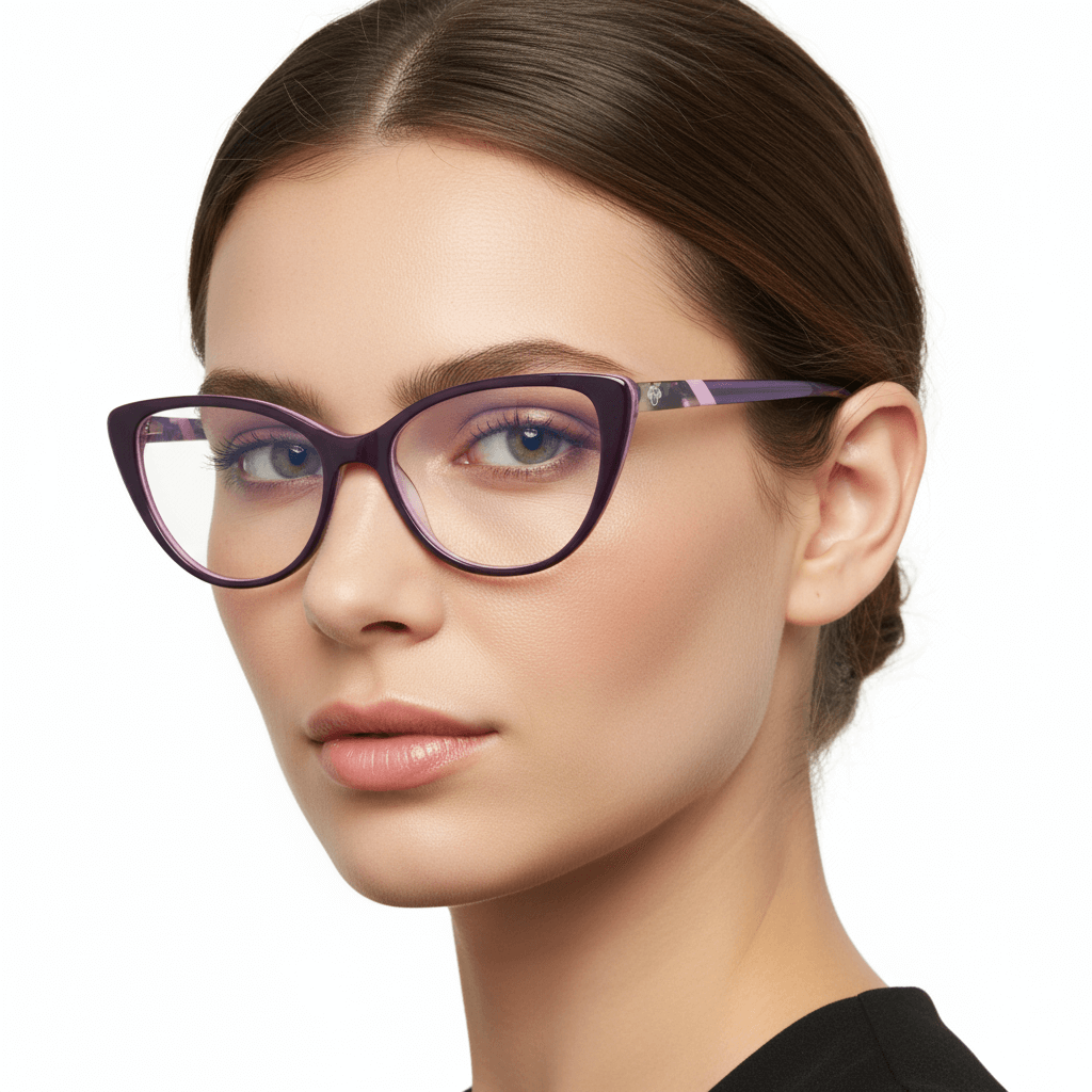 una vista angulada de una mujer usando unos marcos ópticos bonoboss, un anteojo agatado de color morado para mujer de cara redonda grande fabricado con acetato biodegradable #color_morado