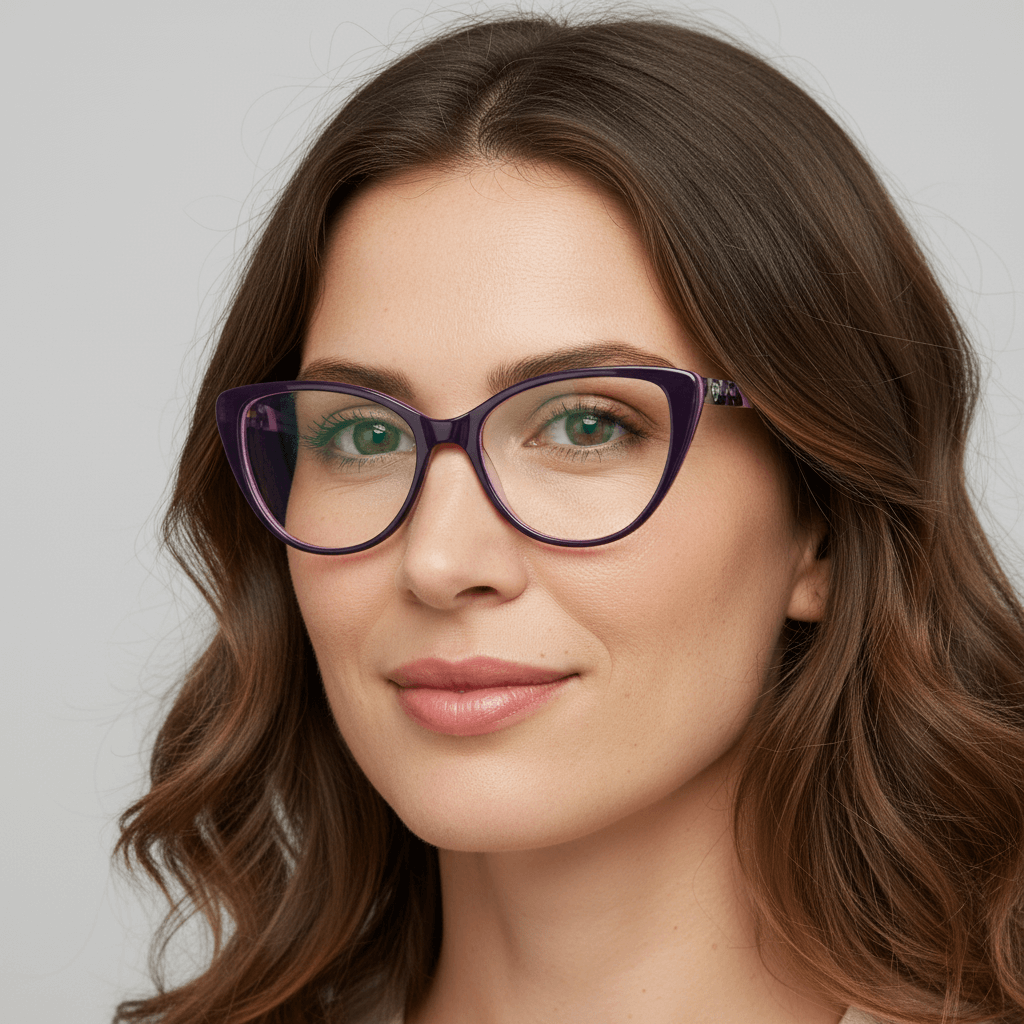 una vista angulada de una mujer usando unos marcos ópticos bonoboss, un anteojo agatado de color morado para mujer de cara redonda grande fabricado con acetato biodegradable #color_morado