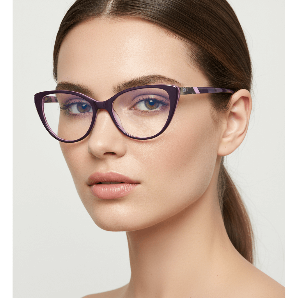 una vista angulada de una modelo mujer usando unos marcos ópticos bonoboss, un anteojo agatado de color morado para mujer de cara redonda grande fabricado con acetato biodegradable #color_morado