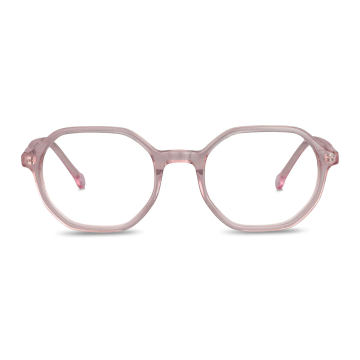 anteojos opticos para niños y niñas octagonales a la moda de color rosado transparente vista frontal #color_rosado