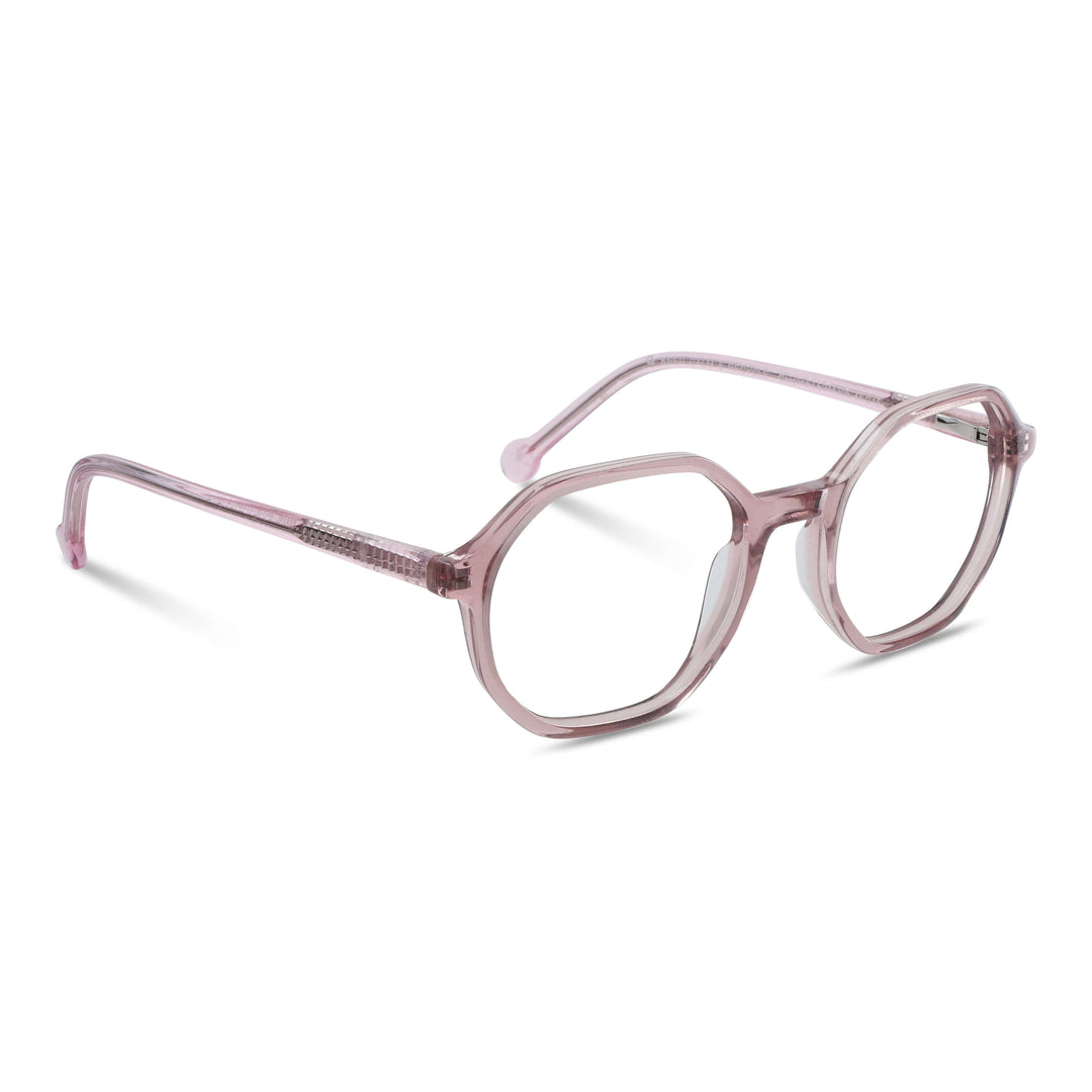 anteojos opticos para niños y niñas octagonales a la moda de color rosado transparente vista angulada #color_rosado