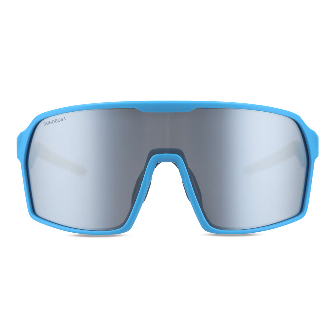 anteojos de sol deportivos curvos para bicicleta, moto, ryders antiparras, polarizadas para hombre y mujer con o sin receta optica espejados de color silver con armazon azul #color_blue