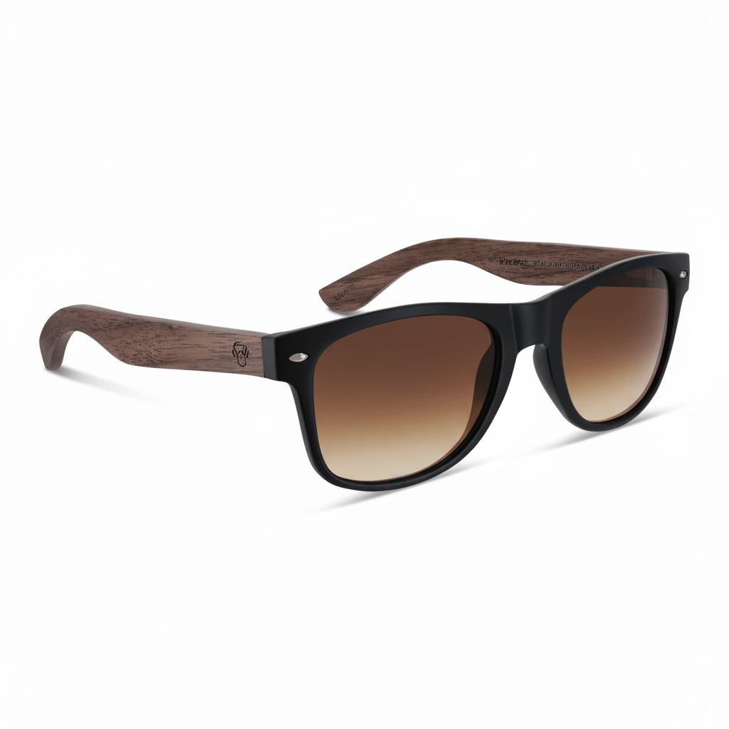 acacia anteojos wayfarer rayban de plastico reciclado bonoboss regalo corporativo con madera natural de color y color de marco negro vista angulada y lentes de color g15 polarizadas #color_g15