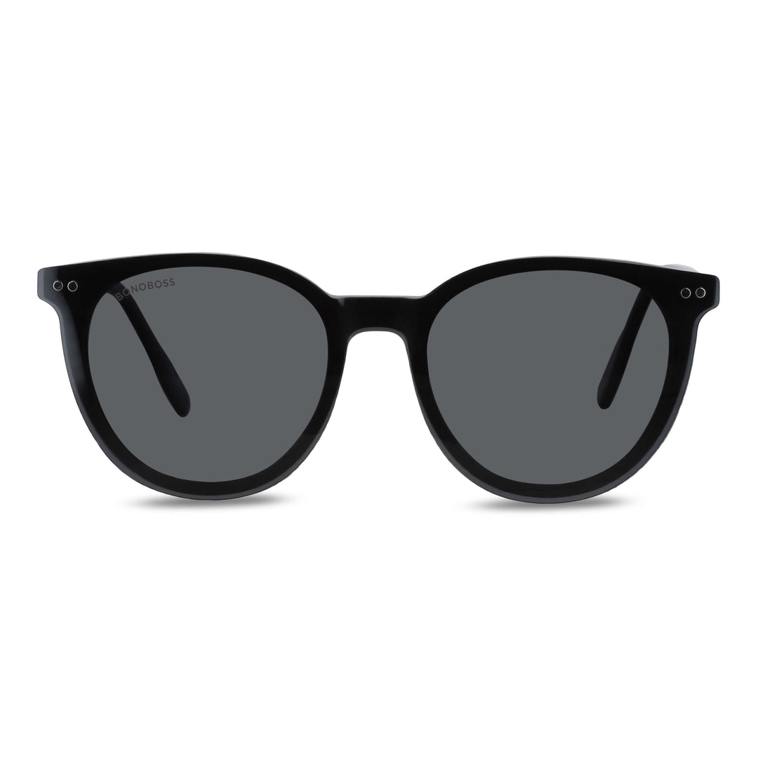 anteojos o marcos ópticos con iman o clip de sol polarizados de forma redondos para hombres y mujeres. Vista angulada y armazones de color negro #color_negro