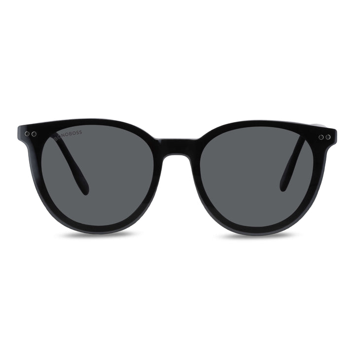 anteojos o marcos ópticos con iman o clip de sol polarizados de forma redondos para hombres y mujeres. Vista angulada y armazones de color negro #color_negro