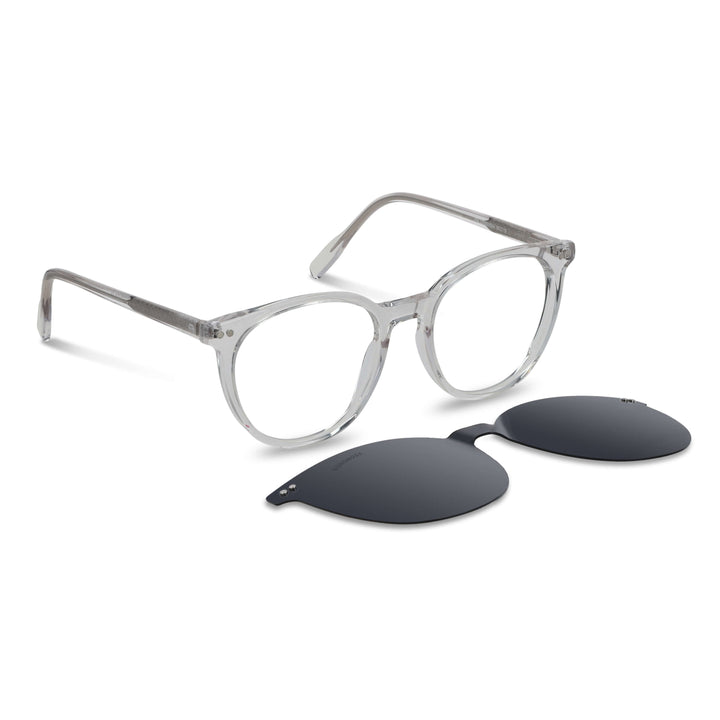 anteojos o marcos ópticos con iman o clip de sol polarizados de forma redondos para hombres y mujeres. Vista angulada y armazones de color transparente #color_transparente