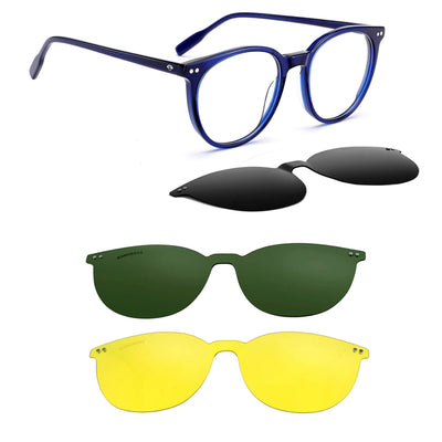 anteojos o marcos ópticos con iman o clip de sol polarizados de forma redondos para hombres y mujeres. Vista angulada y armazones de color blue