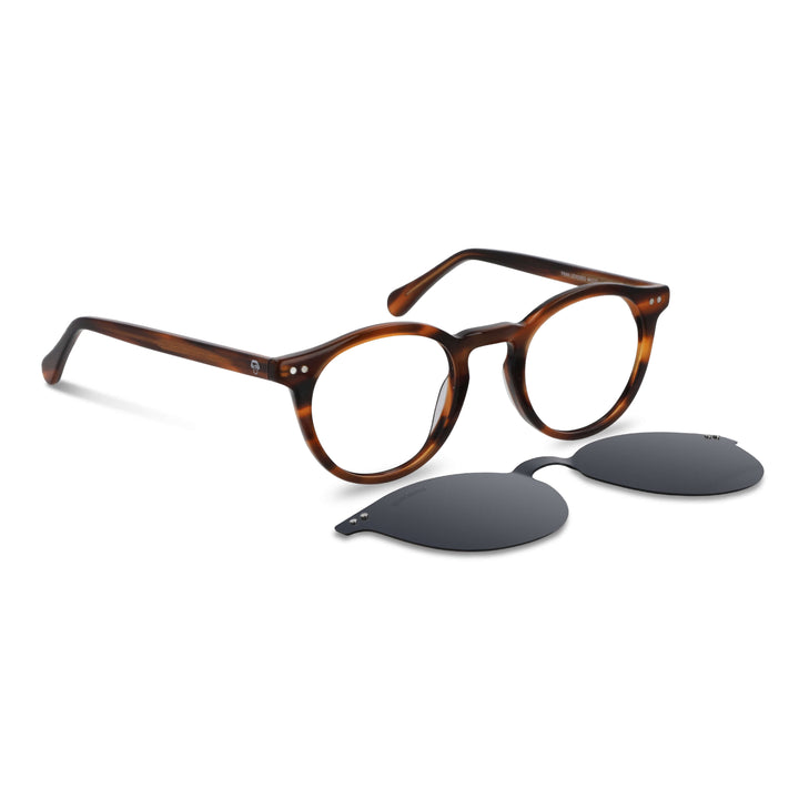 marcos opticos redondos con sobre lente clip sol iman polarizado para hombre y mujer de color carey vista angulada#color_carey