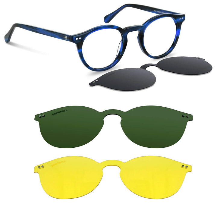marcos opticos redondos con sobre lente clip sol iman polarizado para hombre y mujer de color carey vista angulada de color azul #color_azul