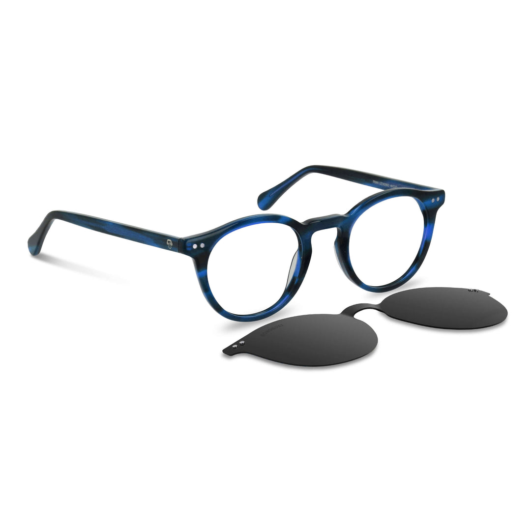 marcos opticos redondos con sobre lente clip sol iman polarizado para hombre y mujer de color carey vista angulada de color azul #color_azul