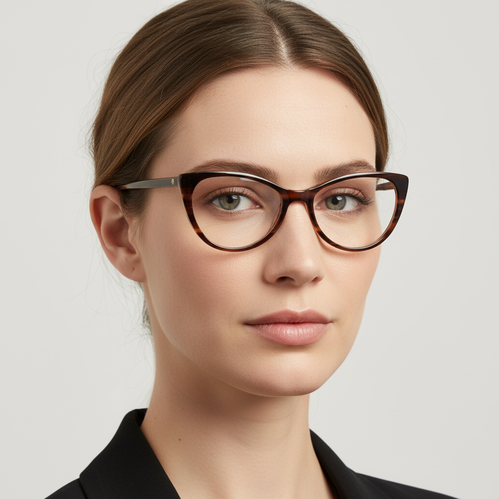 vista angulada de una mujer de cara redonda ovalada utilizando anteojos agatados de color jaspeado cafe, marcos opticos fabricados en acetato biodegradable sustentable bonoboss #color_brown