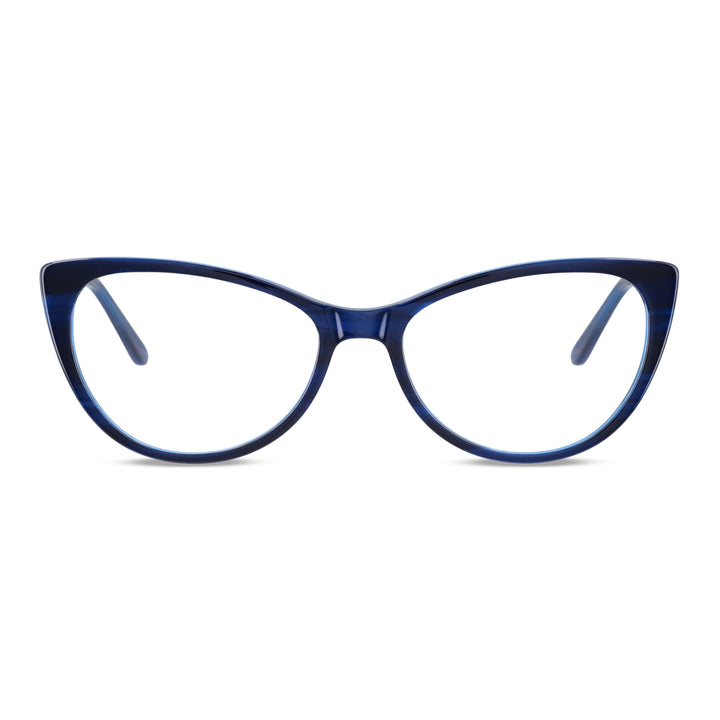 vista frontal de unos armazones ópticos agatados de color azul cat eyes para mujer de cara redonda grande, marcos opticos fabricados en acetato biodegradable sustentable bonoboss #color_azul