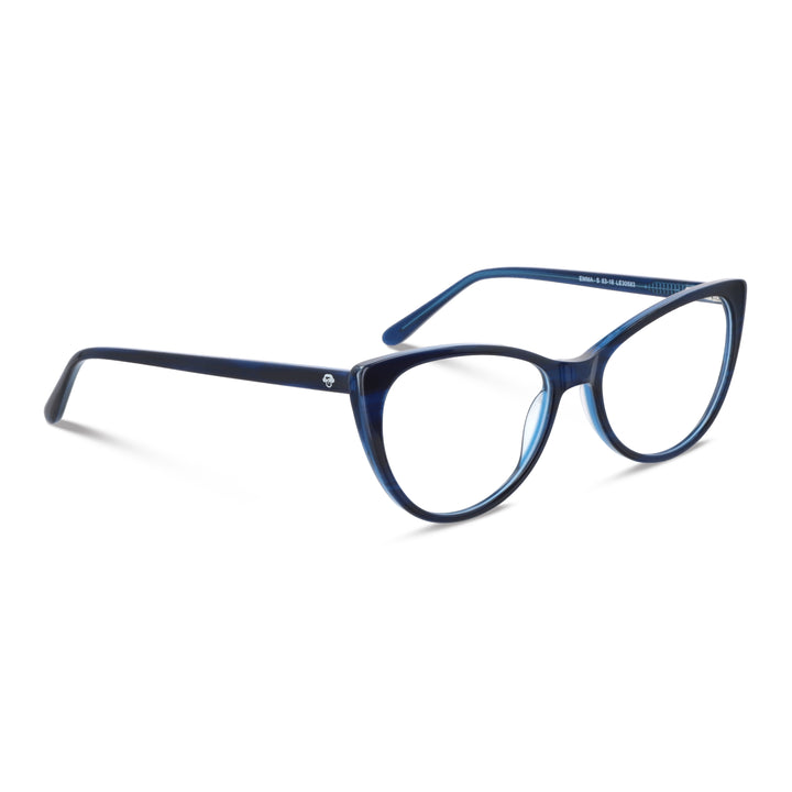 vista angulada de unos armazones ópticos agatados de color azul cat eyes para mujer de cara redonda grande, marcos opticos fabricados en acetato biodegradable sustentable bonoboss #color_azul