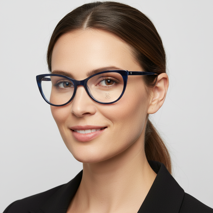 vista angulada de una mujer usando armazones ópticos agatados de color azul cat eyes, marcos opticos fabricados en acetato biodegradable sustentable bonoboss #color_azul