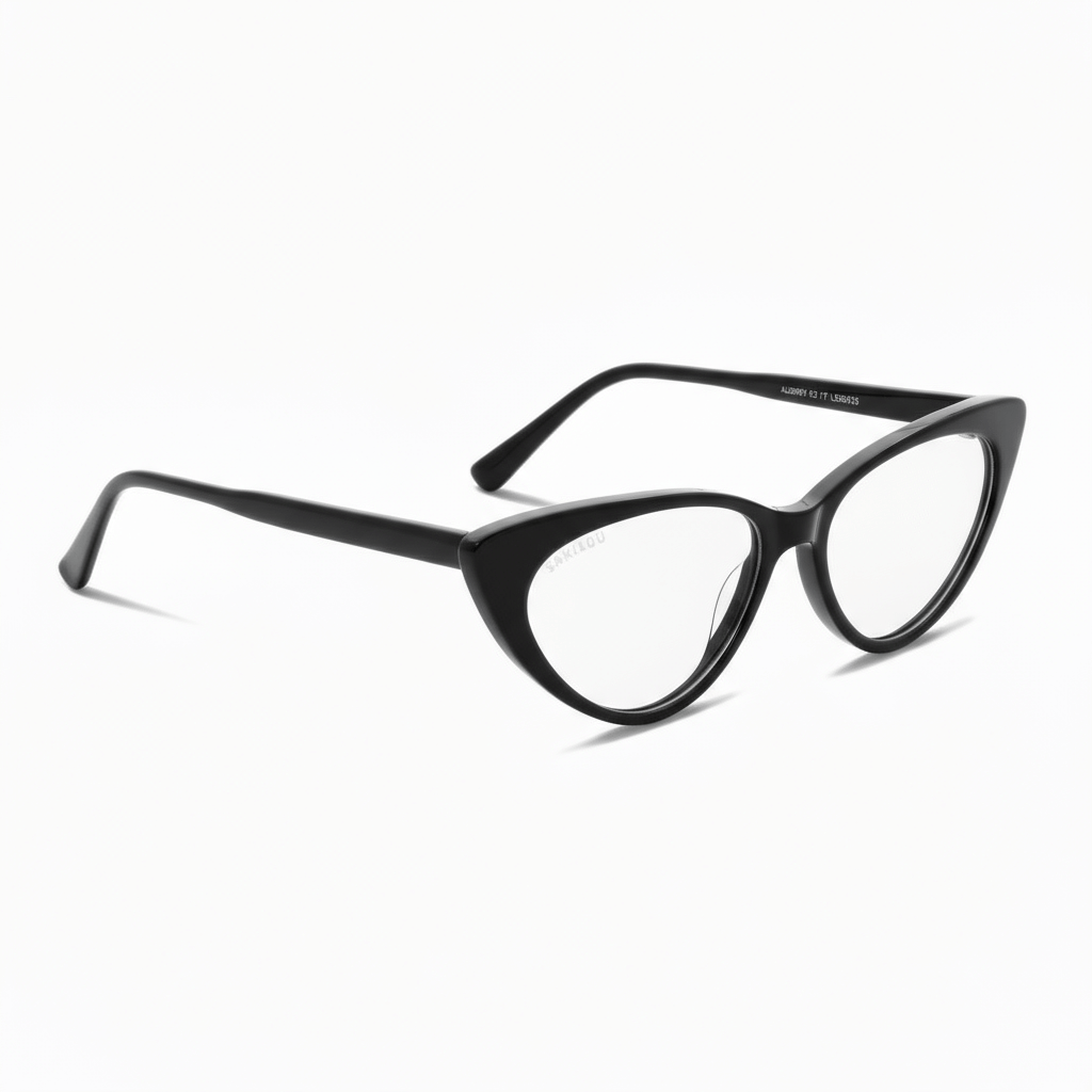 vista angulada de marcos opticos armazones de color negro y forma agatada retro y de moda de la marca Bonoboss. Forma queda bien en mujer de cara redonda grande. #color_negro