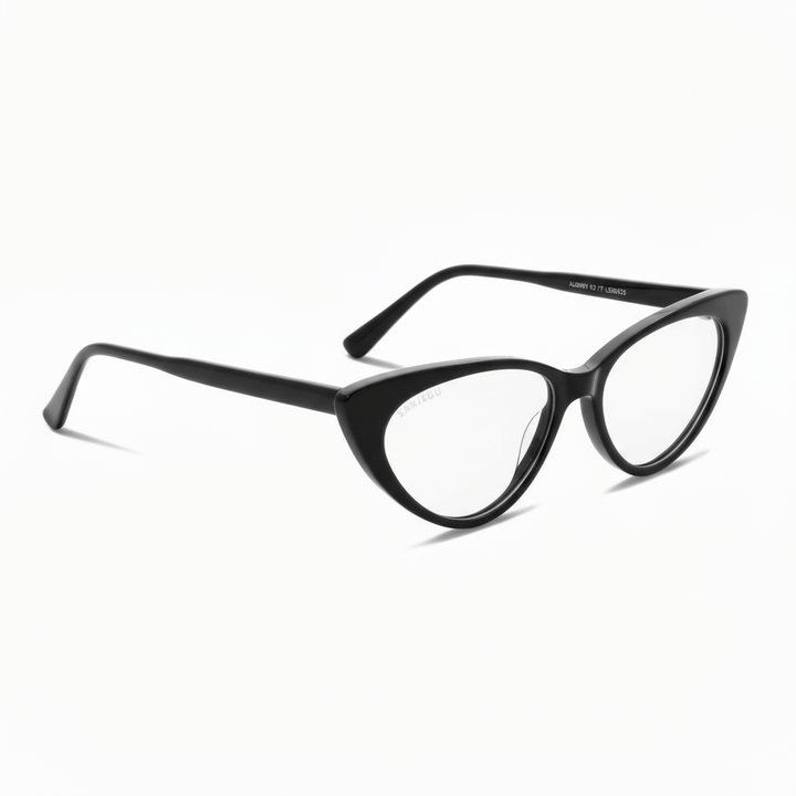 vista angulada de marcos opticos armazones de color negro y forma agatada retro y de moda de la marca Bonoboss. Forma queda bien en mujer de cara redonda grande. #color_negro