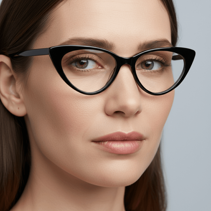 la vista lateral de una mujer usando marcos opticos armazones de color negro y forma agatada retro y de moda de la marca Bonoboss. Forma queda bien en mujer de cara redonda grande. #color_negro